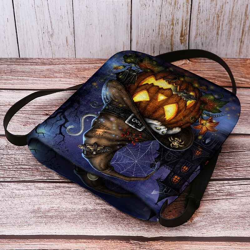 női halloweeni tökös crossbody táska - boszorkánykalap és macskaminta, állítható pánttal, könnyű, bolyhosított válltáska, tökéletes ünnepi bulikra és trick or treat eseményekre 2025 - $19.99 –P7