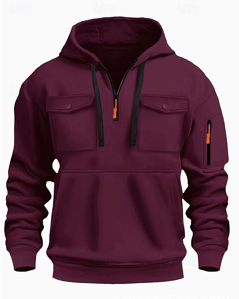 Voor heren Trui met capuchon Hoodie met kwartrits Zwart Wit Wijn Leger Groen Rood Capuchon Effen Zak Kwart ritssluiting Sport & Outdoor Dagelijks Feestdagen Polyester Streetwear Basic Casual Lente 2025 - $23.99 –P14