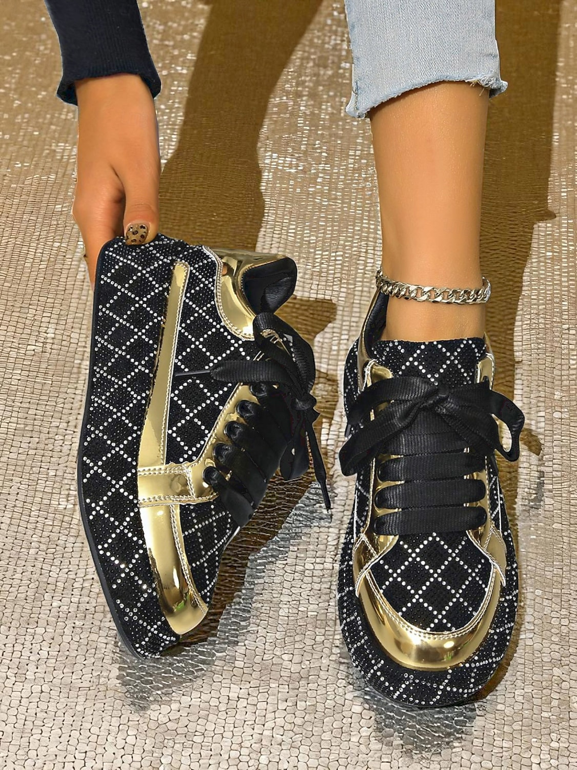 Tênis femininos acolchoados com strass - sapatos de festa com cadarço preto e prata para vida noturna, baladas e streetwear moderno de 2025 por $34.99 –P5
