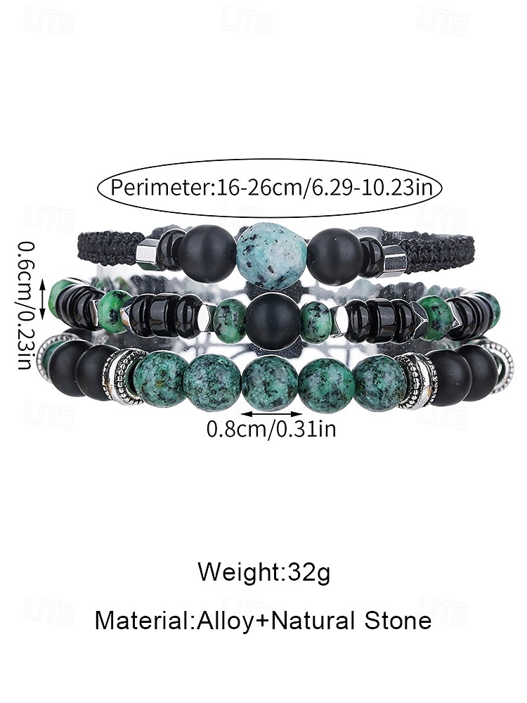 Men’s Green Stone Beaded Bracelet Set – 3-Piece Adjustable Natural Stone & Alloy Wristbands for Boho Style, Ideal for Daily Wear, Gifts and Festivals 2025 - $11.99 –P6