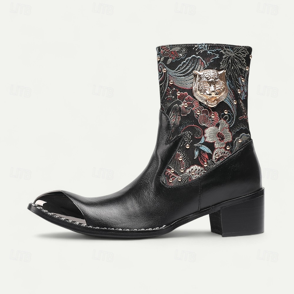 Bottes de motard western noires en cuir de vachette pour hommes avec broderie florale et bout en métal, style cowboy rétro pour la conduite à moto, les événements country et la mode festival de 2025 ? $139.99 –P3
