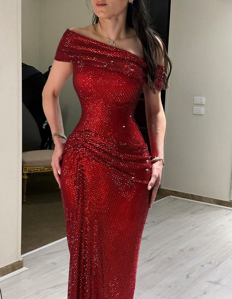 Rode jurk met glinsterende kristallen, stretch mesh, zeemeermin/trompet avondjurk, elegante jurk, formele bruiloft, lange jurk, mouwloos, off-shoulder, kant met plooien, gerimpeld, 2025 2025 - $155.99 –P2