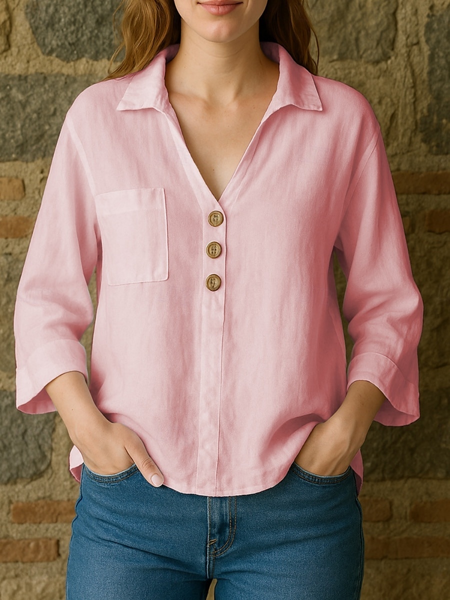 Femmes Chemises en coton et lin Uni Basique Moderne Manche 3/4 Col de chemise Hauts Réguliers Quotidien Avec Poches Boutons Blanche Jaune Rose Claire Bleu Ciel Été Printemps Automne de 2025 ? $17.99 –P4