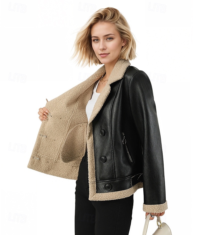 Femmes Veste en Similicuir Veste en Polaire Chaud Fermeture éclair Avec Poches Boutons ancien Mode Occasionnel Uni Rue Occasionnel Tenue quotidienne Court Revers Cranté Coupe régulière manche longue de 2025 ? $52.99 –P3