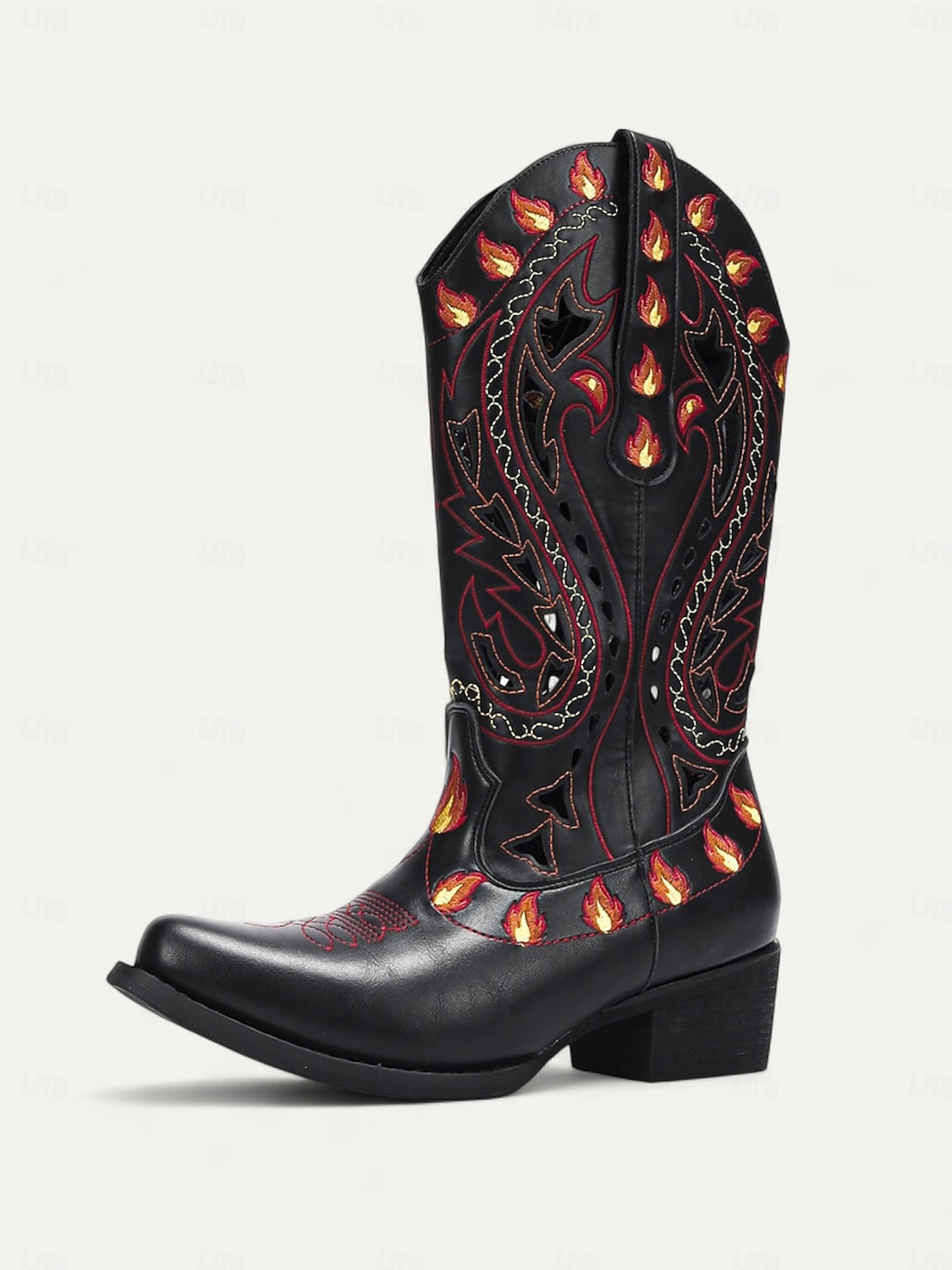 Botas de cowboy femininas bordadas com chamas pretas - botas retrô de festival até o joelho com salto baixo para festivais de música, fantasias de Halloween e cosplay de 2025 por $89.99 –P3