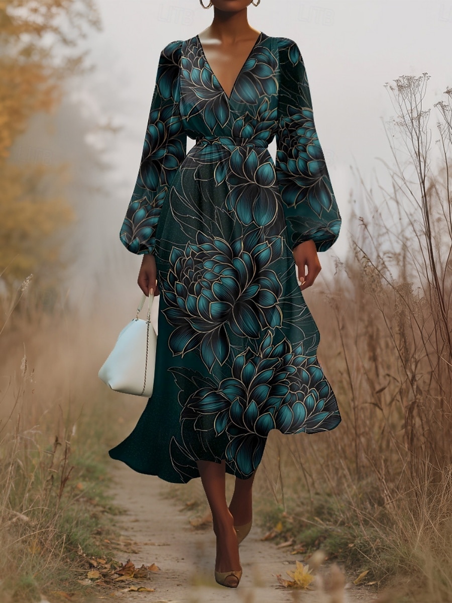Pentru femei Rochii Midi Rochie casual Șifon Rochie leagăn Modern Vacanță Zilnic Sfârșit de săptămână Fit regulat Floral Frunză Manșon Lung În V Bleumarin Verde Închis Trifoi Albastru Închis Var 2025 - $31.99 –P1