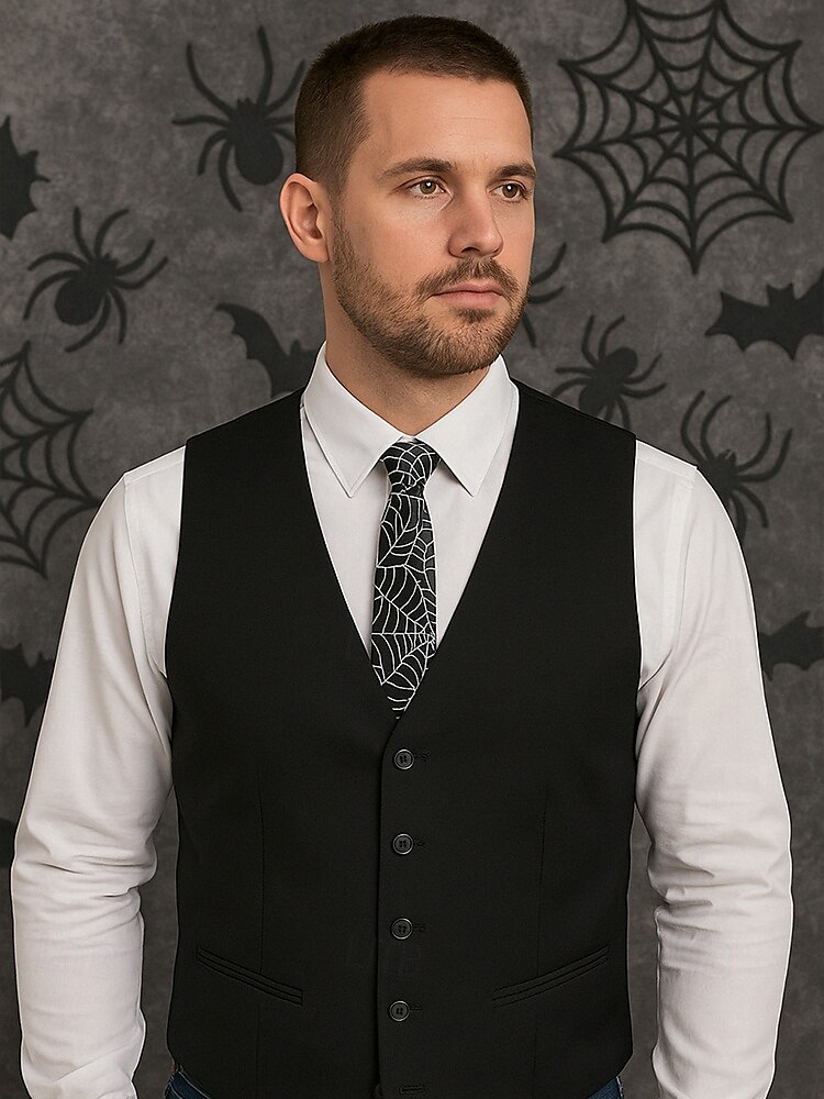 Cravatta da uomo con stampa ragnatela di Halloween – cravatta sottile in raso bianco e nero, elegante accessorio per feste, cosplay, eventi formali e abiti da ufficio per Halloween del 2025 a $9.99 –P3