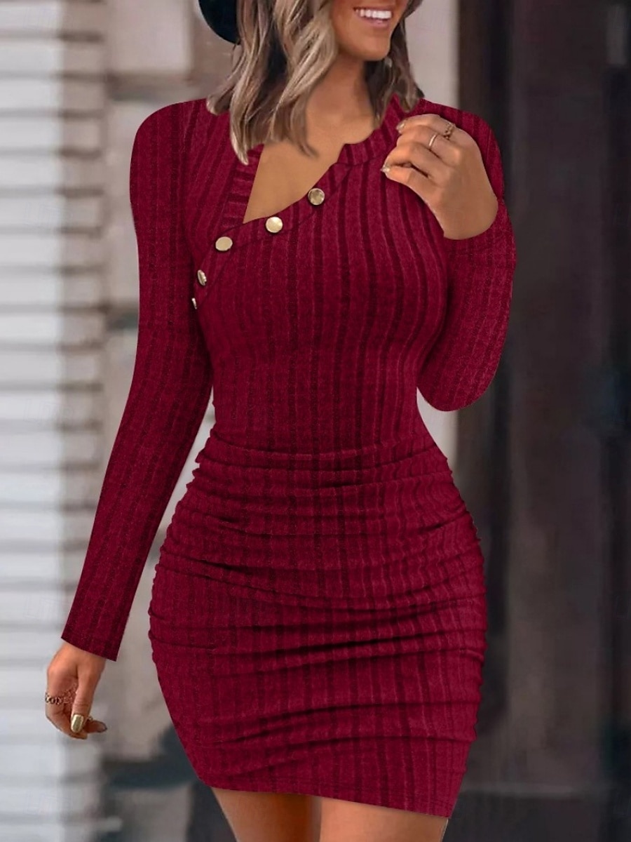 Women's Mini Dress Sheath Dress Casual Daily Regular Fit Plain Long Sleeve Notched Neck Black White Pink Wine Spring Fall Winter 2025 - $27.99 –P4