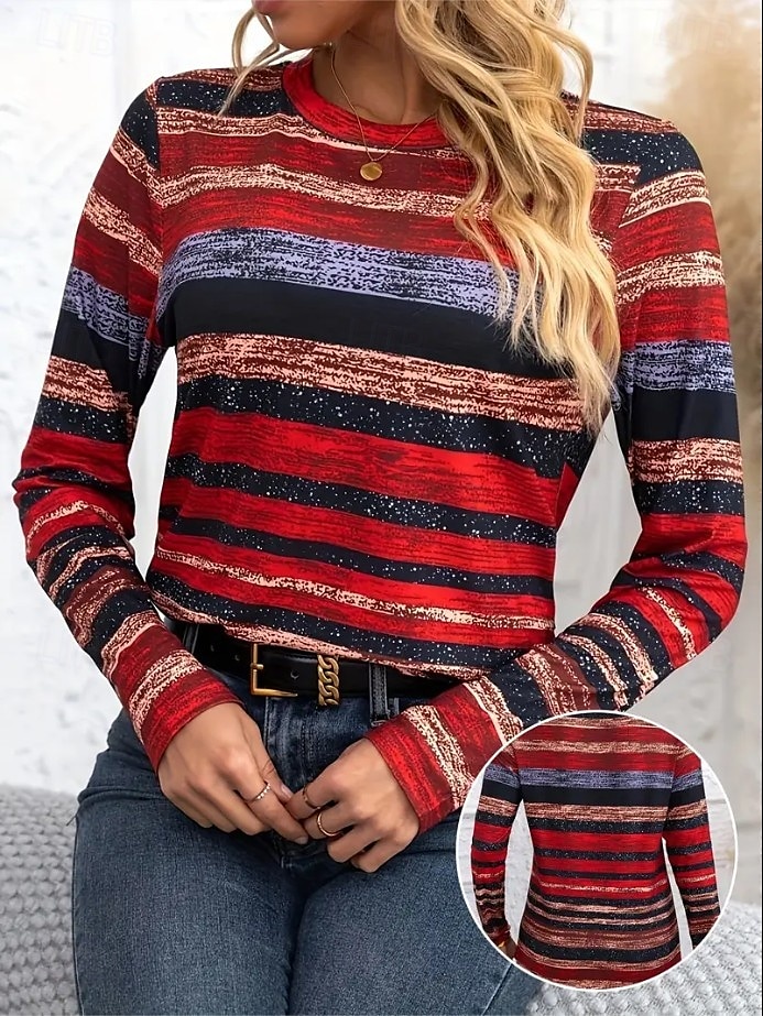 Pâques Femmes T-shirt Graphique Plaid ancien Élégant Classique manche longue Col ras du cou Col rond Hauts Réguliers Quotidien Imprimé Rouge Marron Été Printemps Automne de 2025 ? $22.99 –P3