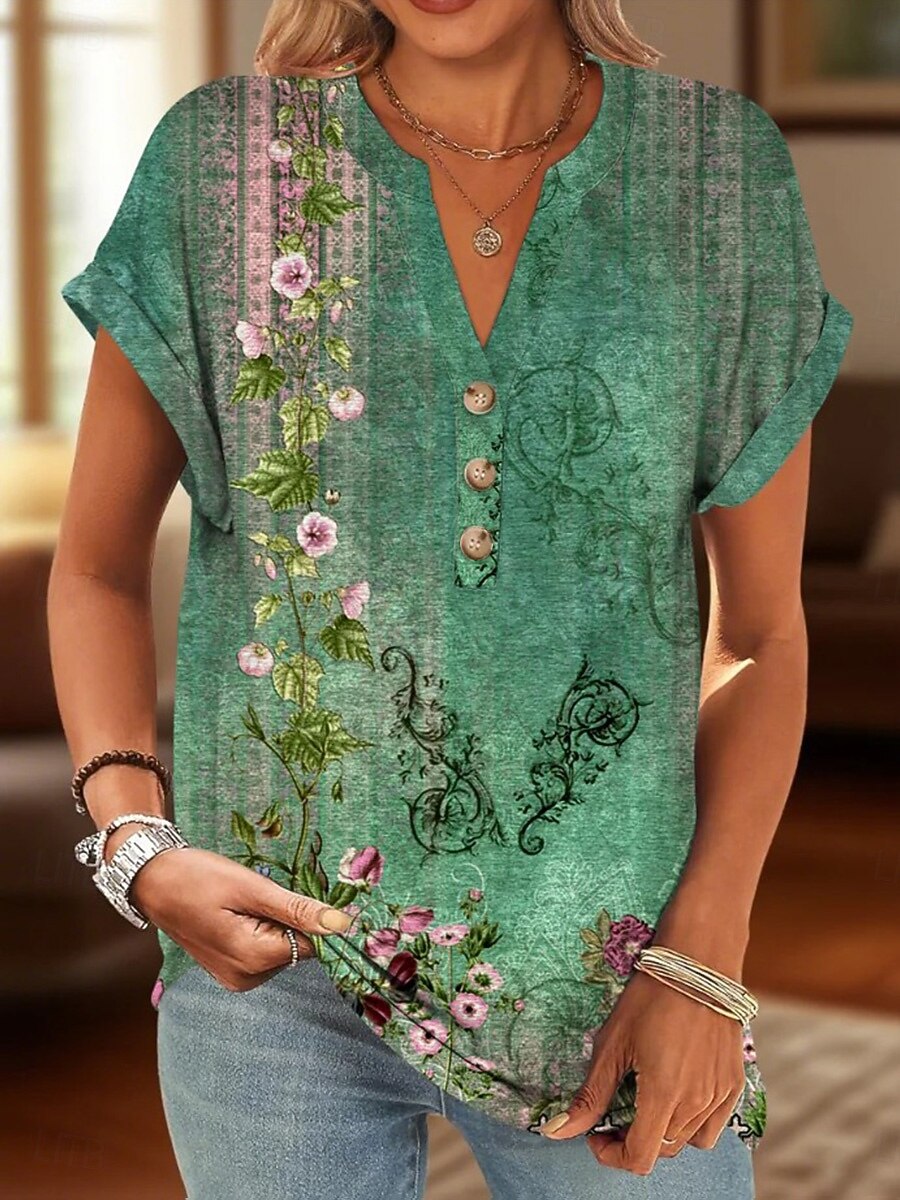 Femmes Chemise en coton Fleuri Graphique ancien Tropical Élégant Manche Courte Col en V Hauts Réguliers Quotidien Imprimé Noir Jaune Rouge Bleu Vert Été Printemps de 2025 ? $24.99 –P4