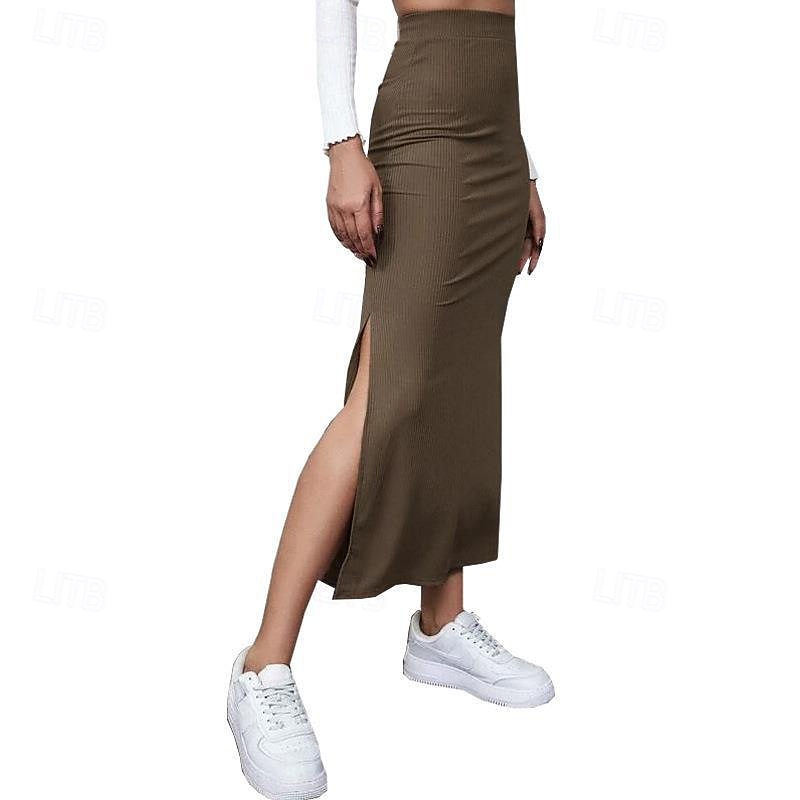 Dames Rok Casual Maxi Medium taille Rokken Effen Gespleten punten Micro-elastisch Vakantie Straat Zwart Rood Licht Bruin Bruin Zomer Polyester 2025 - $17.99 –P4