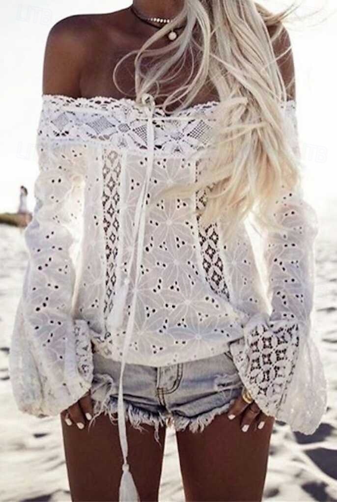 Damen Bluse Spitzentops Einfach Modern Lässig Langarm Schulterfrei Normale Oberteile Täglich Ausgehen Spitze Fransen Weiß Sommer 2025 - $15.99 –P1