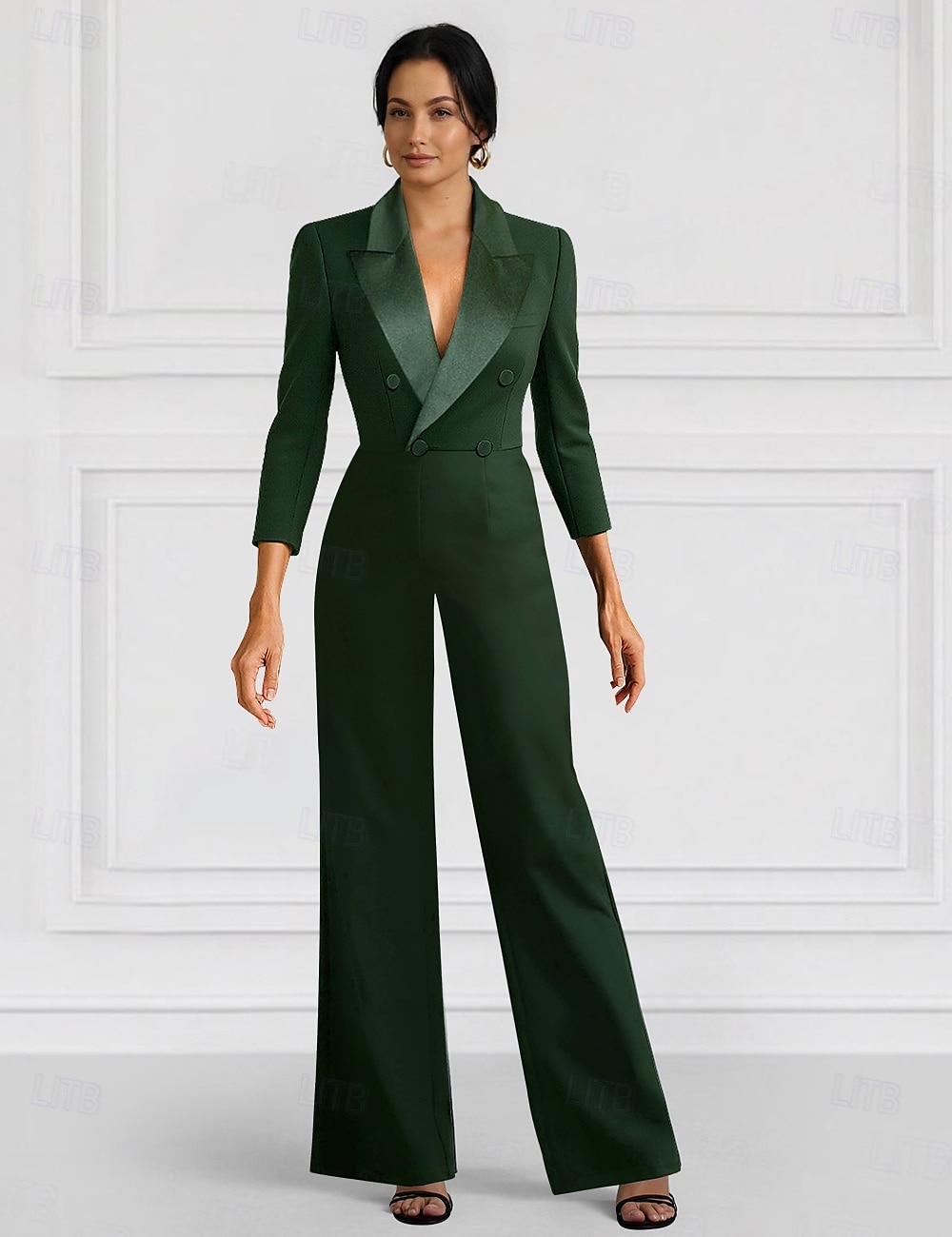 Svart Blazer Jumpsuit Mor till bruden Bröllopsgäst Elegant Minimalistisk Krage Golvlängd Stretchtyg Lång ärm med knappar Enfärgad 2025 - $147.99 –P4
