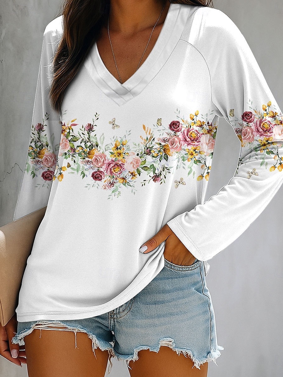 Femmes T-shirt Fleuri Graphique Plantes Élégant ancien Classique manche longue Col en V Hauts Réguliers Quotidien Sortir Week-end Imprimé Blanche Rose Claire Bleu Vert Été Printemps Automne de 2025 ? $22.99 –P1