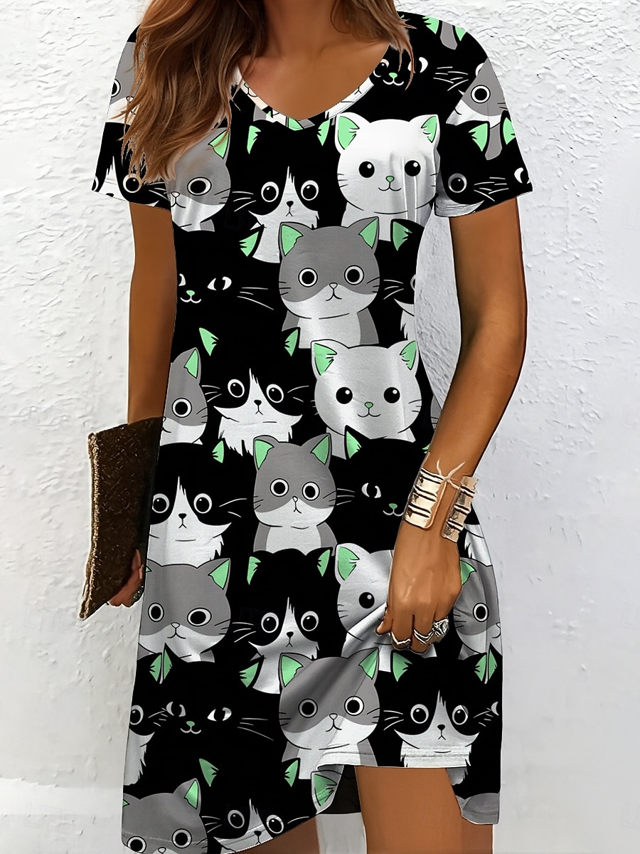 Damen Minikleid Freizeitkleid T-Shirt-Kleid A Linie Kleid Sommerkleid Urlaub Lässig Ferien Normale Passform Grafik Tiermotiv Katze Kurzarm Rundhalsausschnitt V Ausschnitt Schwarz und Weiß Gelb Rosa 2025 - $23.99 –P7