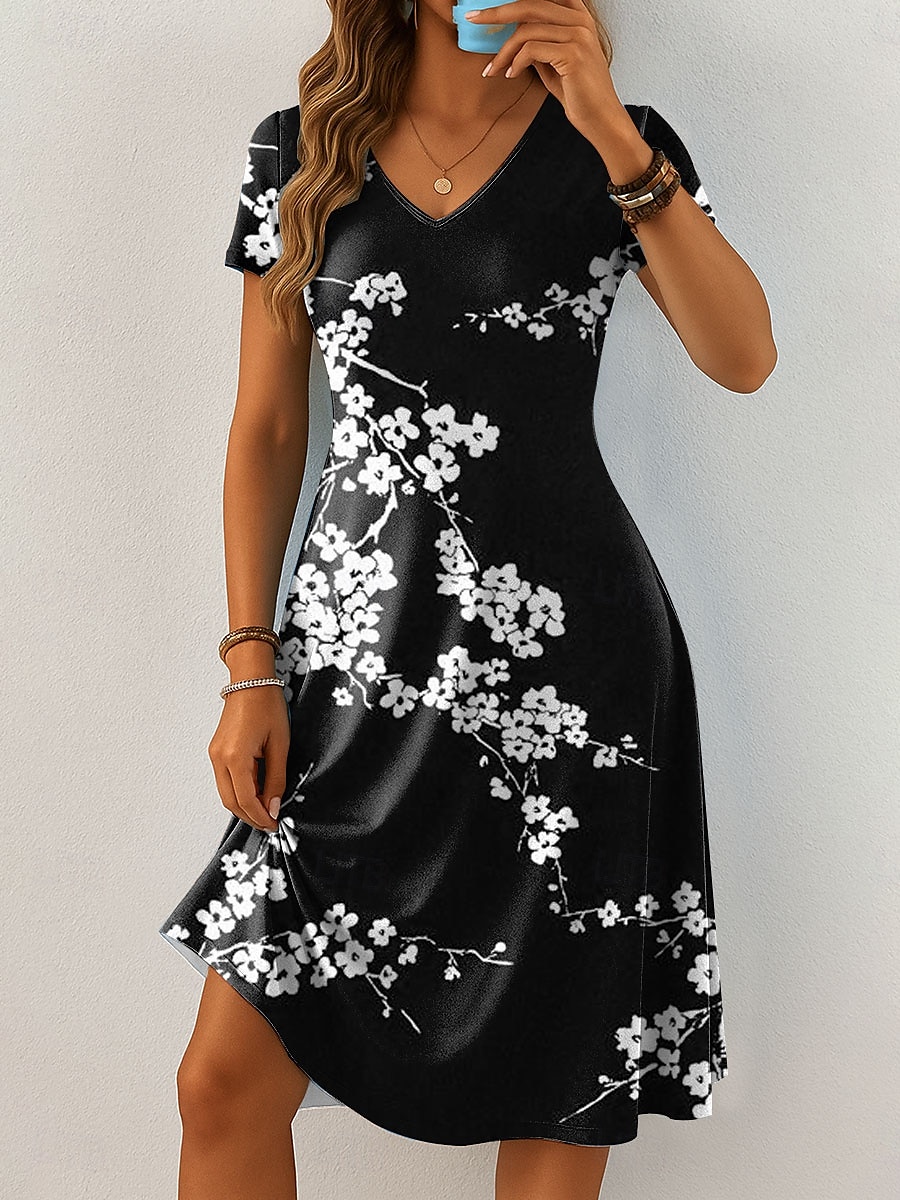 Damskie Sukienka mini Codzienne sukienki Sukienka t-shirtowa Sukienka letnia Sukienka A line Urlop Codzienny Boho Plaża Regularny Kwiaty Graficzny Krótki rękaw W serek Czarny Niebieski Fioletowy 2025 - $23.99 –P5