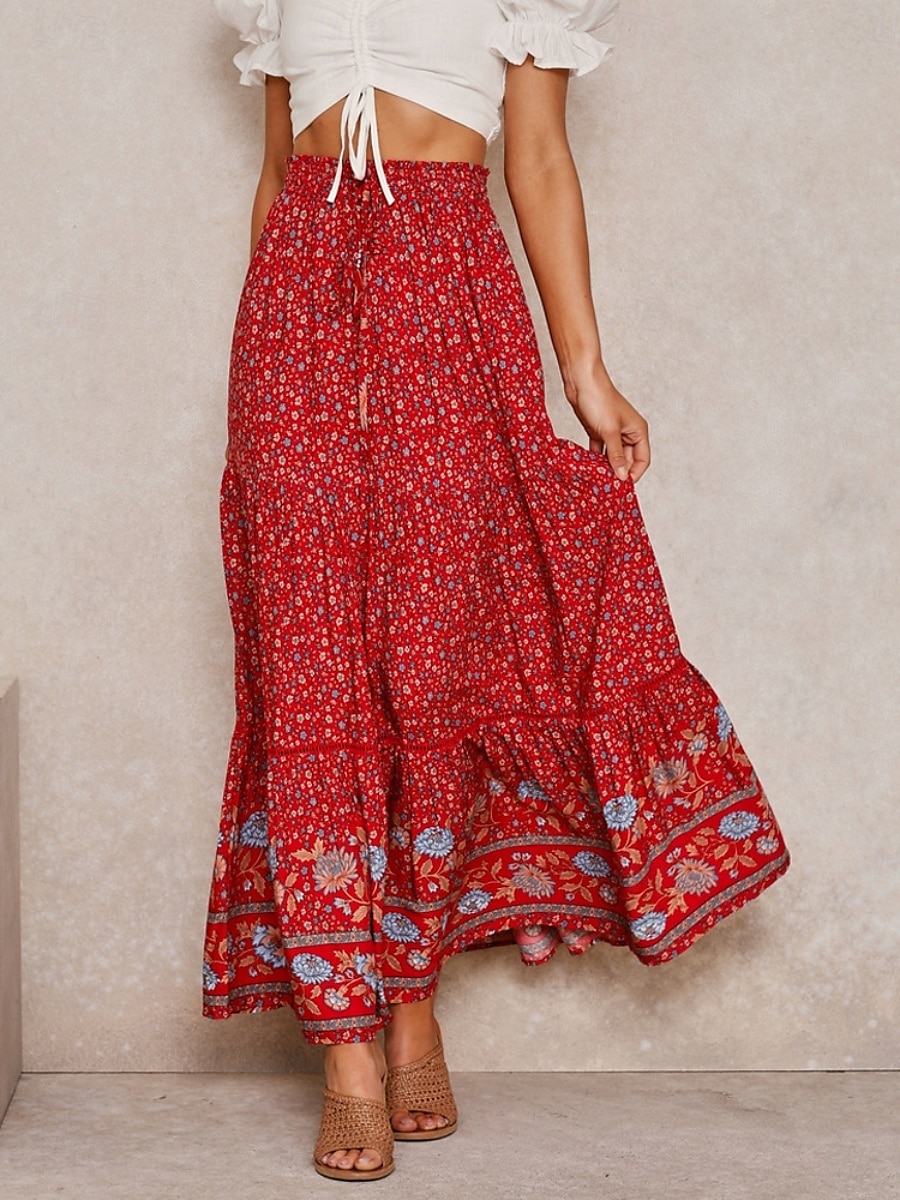 Mujer Falda Línea A Bohemia Casual Maxi Alta cintura Faldas Floral Estampado Microelástico Calle Diario Rojo Albaricoque Verano Poliéster Rayón 2025 - $28.99 –P1