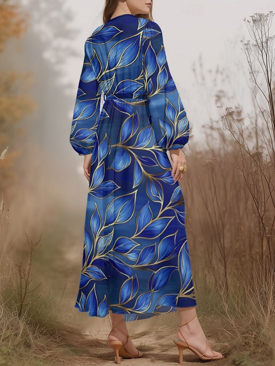Pentru femei Rochii Midi Rochie casual Șifon Rochie leagăn Modern Vacanță Zilnic Sfârșit de săptămână Fit regulat Floral Frunză Manșon Lung În V Bleumarin Verde Închis Trifoi Albastru Închis Var 2025 - $31.99 –P8