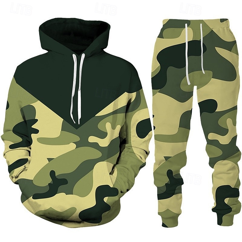 Męskie Dres Zestaw strojów Zestaw bluzy Bluza Na zewnątrz Codzienny Sport Kieszeń Ściągana na sznurek Kamuflaż Czarny Ciemnozielony Pomarańczowy Druk graficzny Poliester Odzież sportowa Moda Moda 2025 - $34.99 –P2