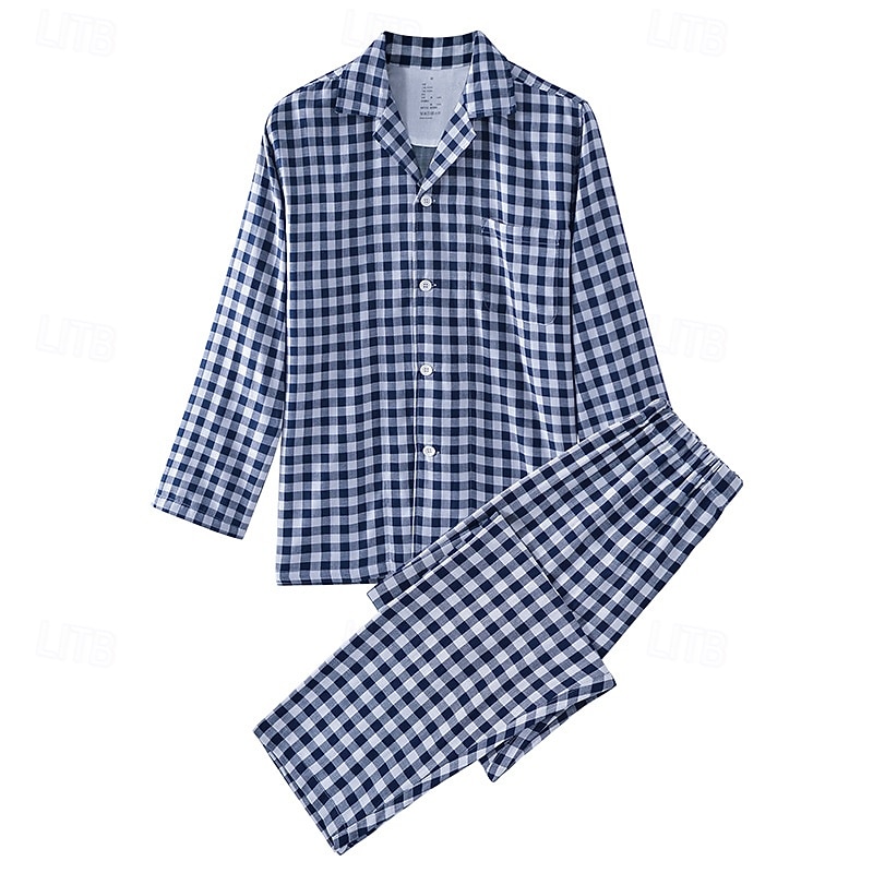 בגדי ריקוד גברים לבוש שינה סט פיג'מה חולצת פיג'מה ומכנסיים 1set משובץ אופנתי מסוגנן קלסי בית יומי מיטה כותנה קומפורט רך נושם דש שרוול ארוך חולצה מכנס אלסטית מותניים כפתורים אביב סתיו כחול נייבי אפור 2026 - $54.99 –P1
