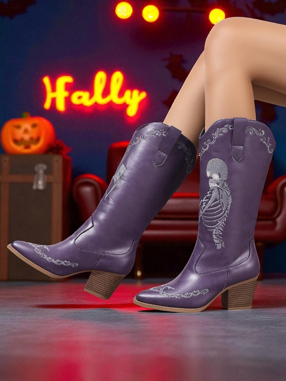 Botas vaqueras azules occidentales para mujer con bordado de esqueleto rosa: botas de media pantorrilla con tacón grueso para disfraz gótico de Halloween, ideal para cosplay, conciertos y festivales 2025 - $54.99 –P2