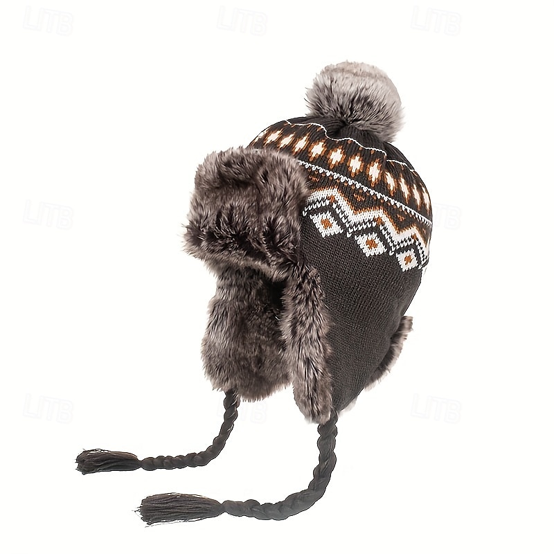 Stretch Knit Plush Winter Hat with Detachable Ear Flaps & Pom-Pom - Grid Pattern, Adjustable Drawstring for Outdoor Sports, Christmas Holiday - Black/White/Blue/Red, Winter Accessories 2025 - $29.99 –P3
