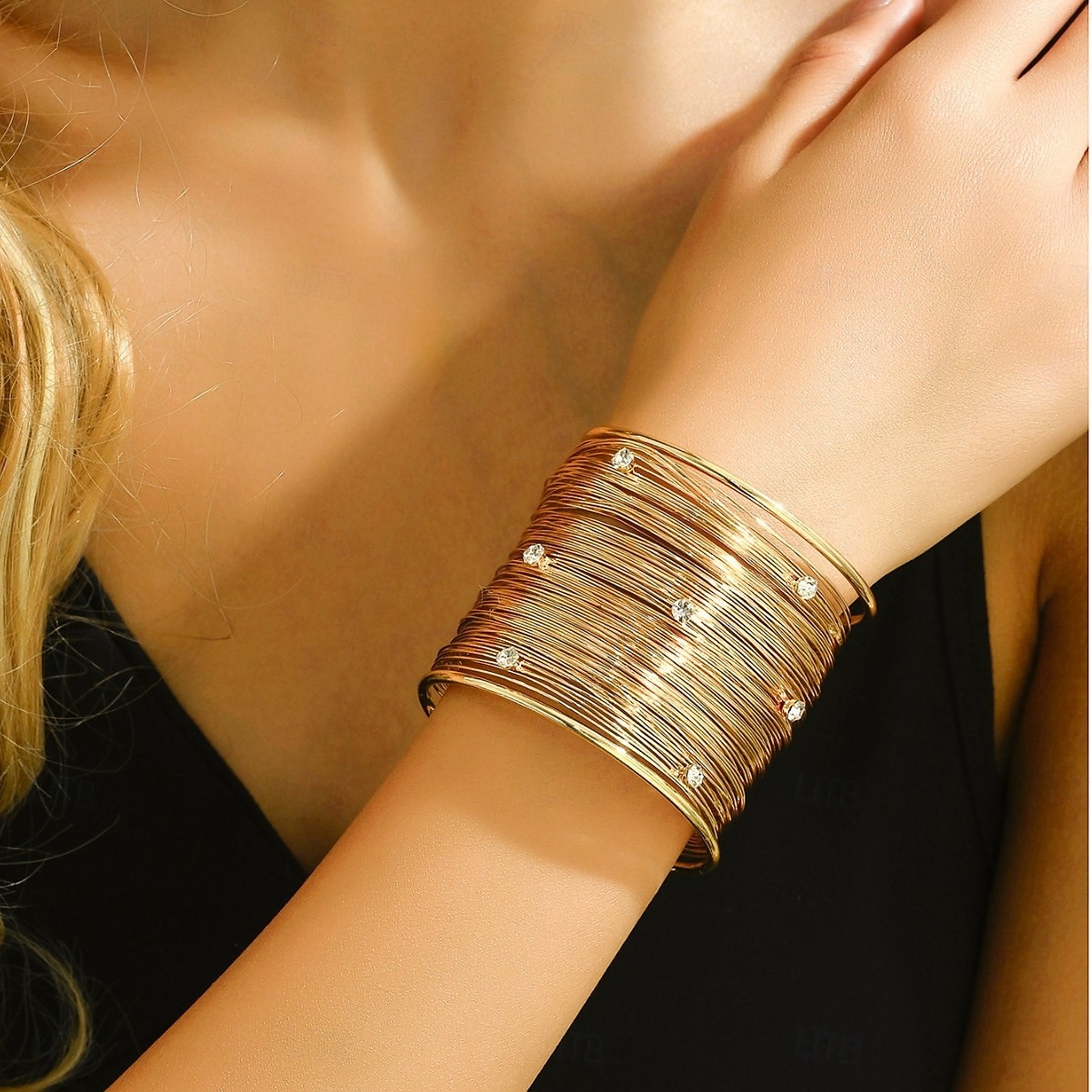 Women's Gold Layered Wire Cuff Bracelet - Rhinestone Studded Statement Bangle for Evening Parties and Cocktail Events 2025 - GBP £9.51 –P3