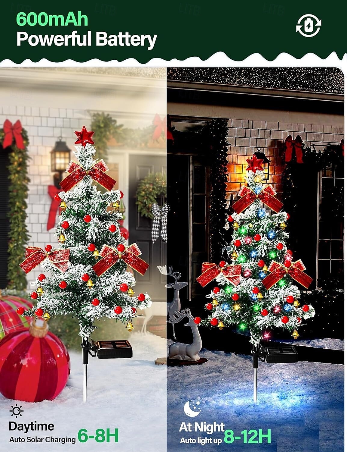 2 Luces Solares Para árbol De Navidad Para Decoración Al Aire Libre, árbol De Navidad Alimentado Por Energía Solar, Estaca Impermeable Con Luces LED, Bayas Rojas, Lazo Rojo, Adecuado Para Decoración