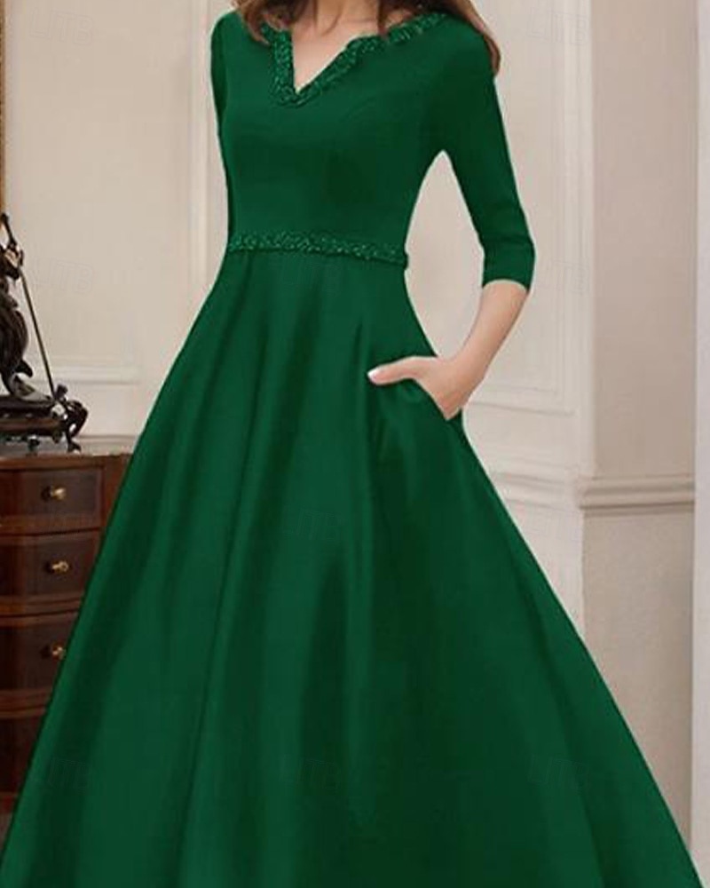 Robe de cocktail trapèze élégante, robe de soirée formelle, longueur thé, robe asymétrique, manches mi-longues, col en V, satin extensible avec poche à perles, 2025 de 2025 ? $142.99 –P2