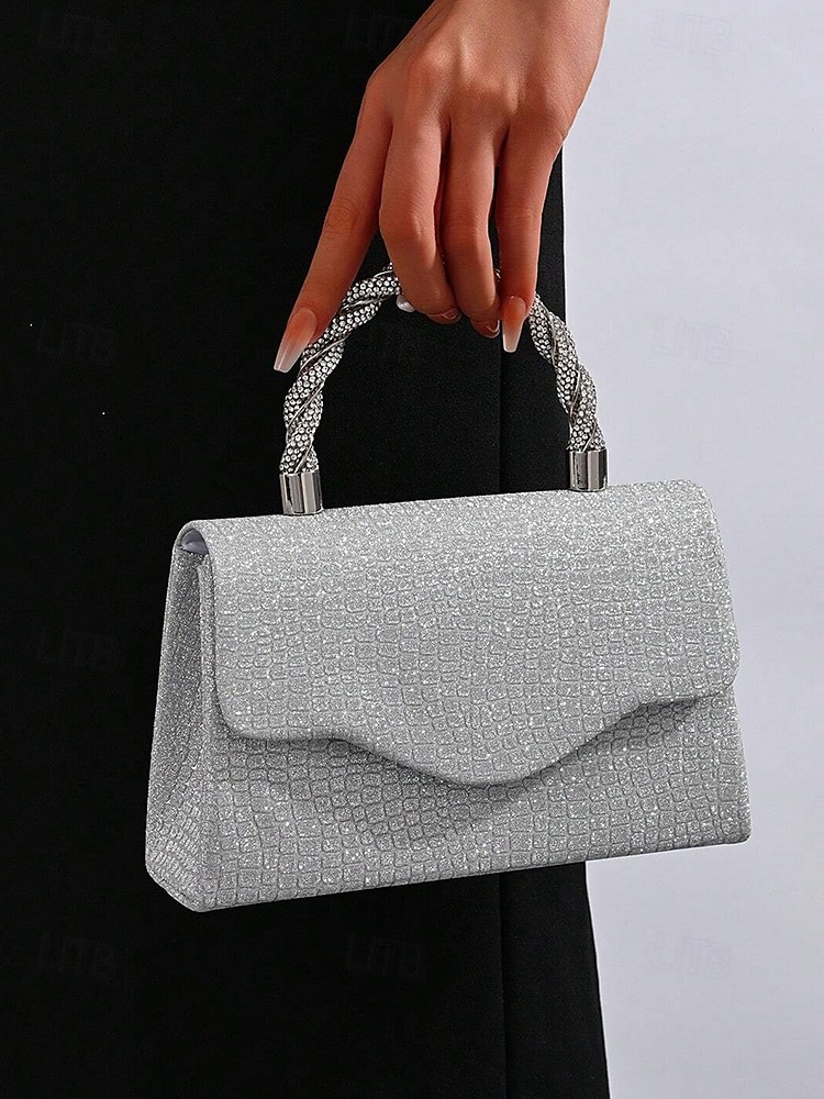 Bolso de mano para mujer con purpurina plateada y asa de diamantes de imitación: elegante bolso de noche para fiestas, bodas y cócteles. 2025 - $24.99 –P1
