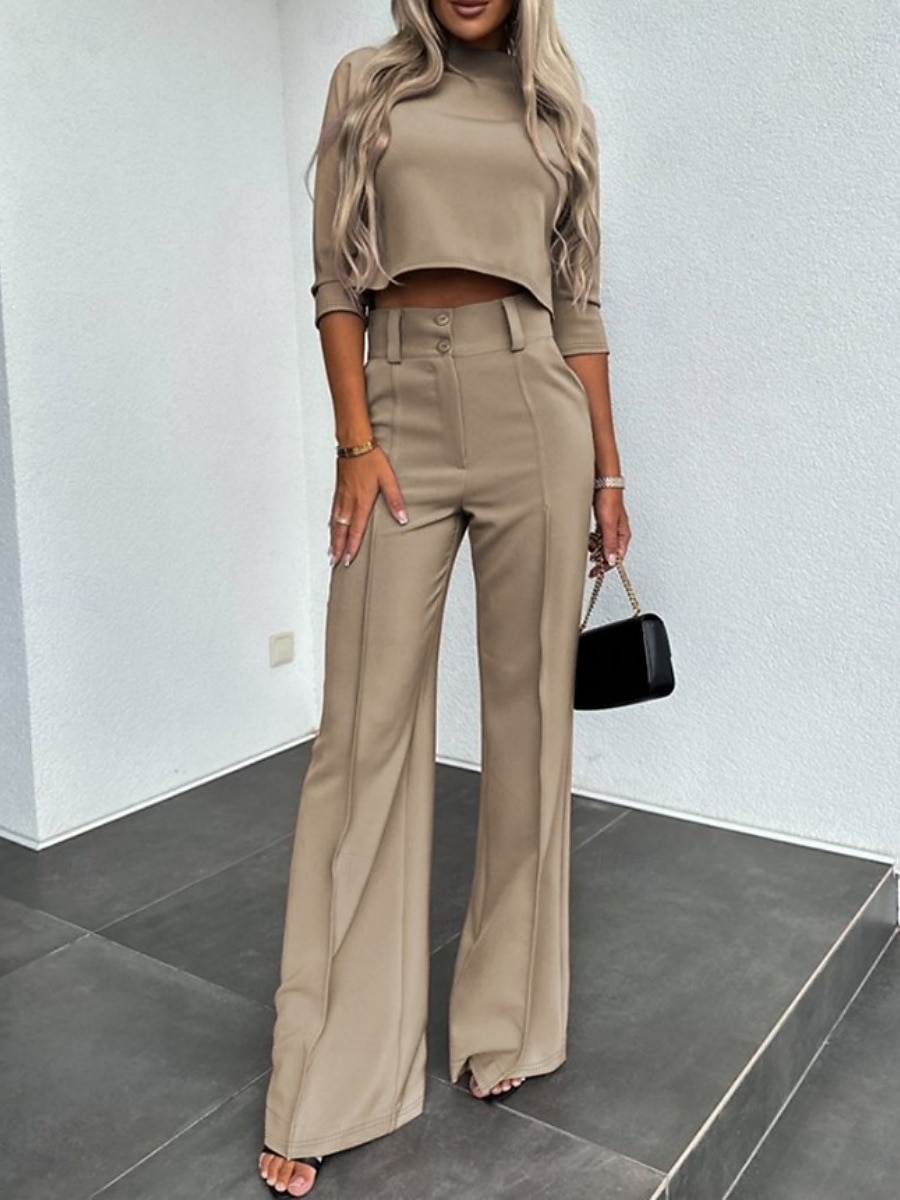 Dames Streetwear Stijlvol Broeken Sets Lange mouw Coltrui Effen Kleur Lapwerk Dagelijks Werk Kleding Zwart Wit Khaki Zomer Normale pasvorm 2025 - €24.1 –P2