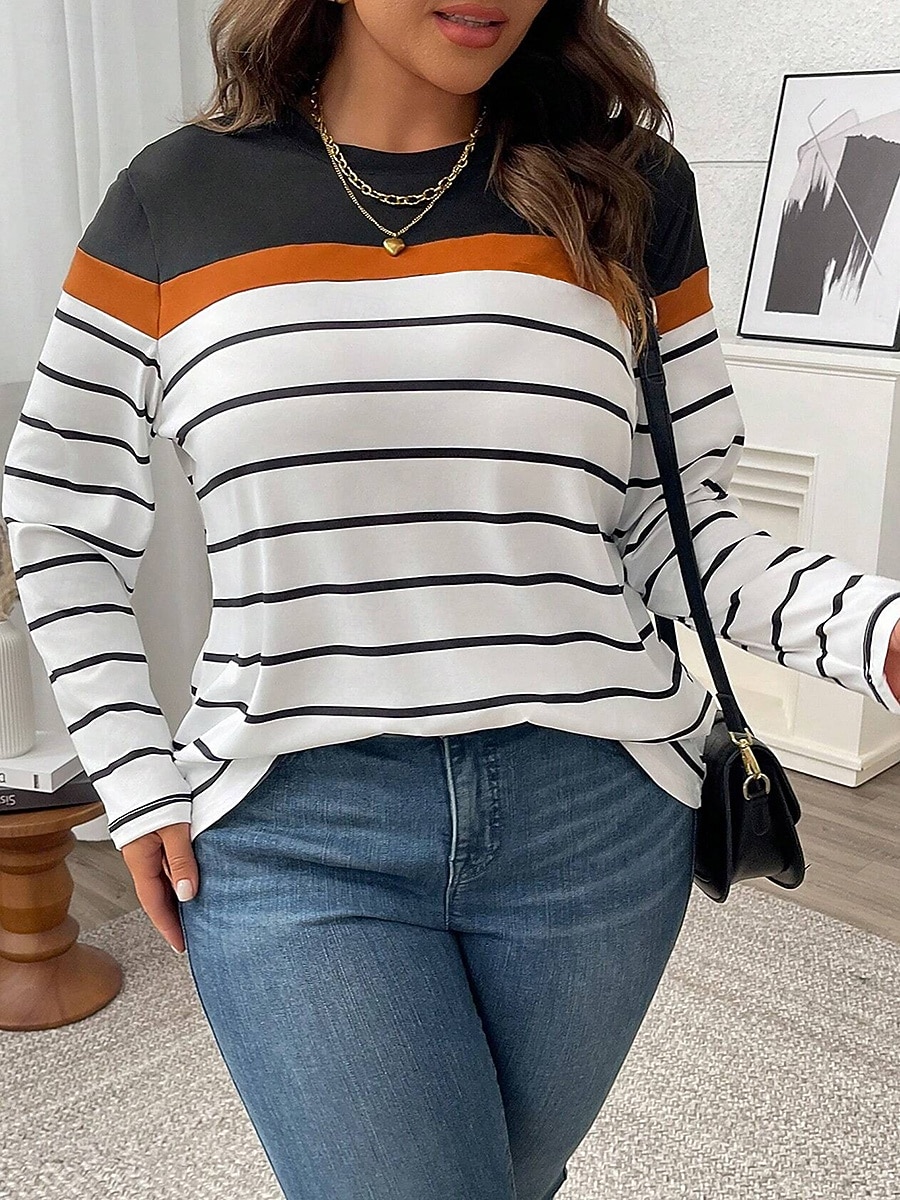 Dames Grote maat Tops T-shirt Geometrie Afdrukken Lange mouw Strakke ronde hals Casual Dagelijks Polyester Herfst Winter Zwart Wit 2026 - $24.99 –P3