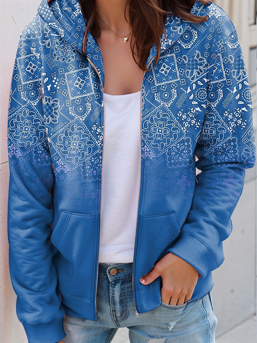 Kvinnors dragkedja hoodie grafisk geometrisk paisley mode avslappnad lång ärm huva vanlig toppar gata dagliga kläder ficka tryck röd blå lila grön vår höst 2025 - $27.99 –P5