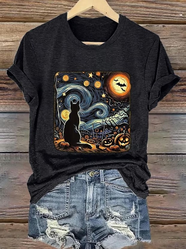 Halloween Femmes T-shirt Graphique Crâne Chat ancien Élégant Classique Manche Courte Col ras du cou Col rond Hauts Réguliers Quotidien Week-end Imprimé Noir Blanche Bleu Orange Gris Été Automne de 2025 ? $19.99 –P4
