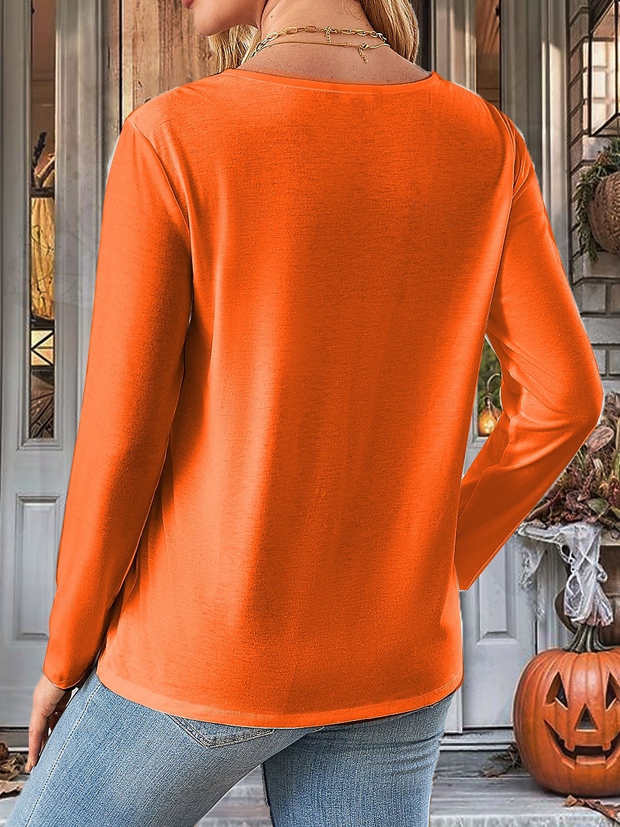Halloween Dame T skjorte Grafisk Bokstaver Halloween Elegant Årgang Stilfull Langermet V-hals Vanlige topper Daglig Ut på byen Helg Trykt mønster Blå Lilla Oransje Grønn Vår Høst 2025 - $22.99 –P2