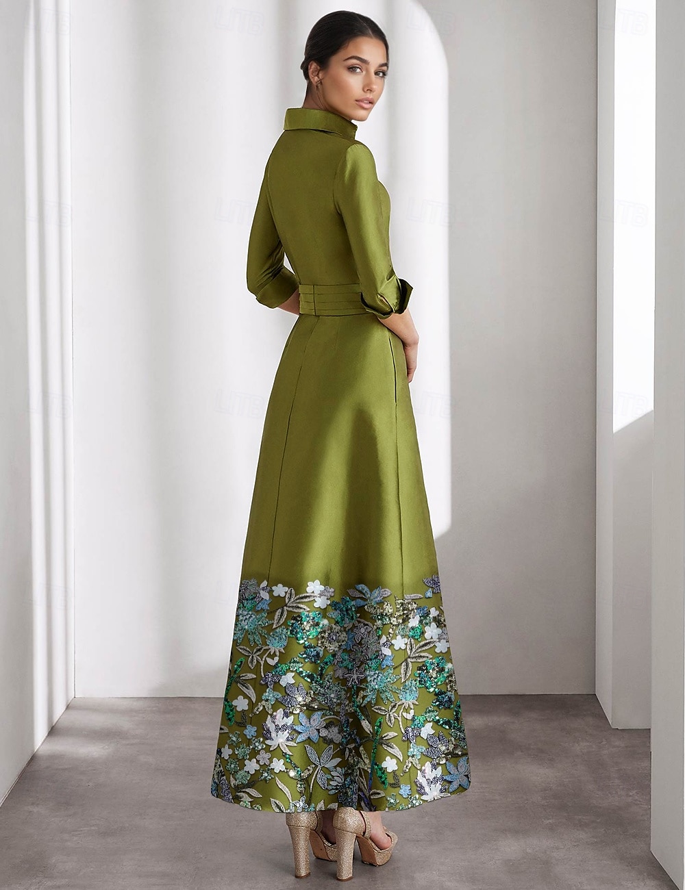 Groenzwarte A-lijn avondjurk elegante jurk formele bruiloft vloerlengte overhemd met lange mouwen kraag zak satijn met glitterzak 2025 2025 - $159.99 –P2