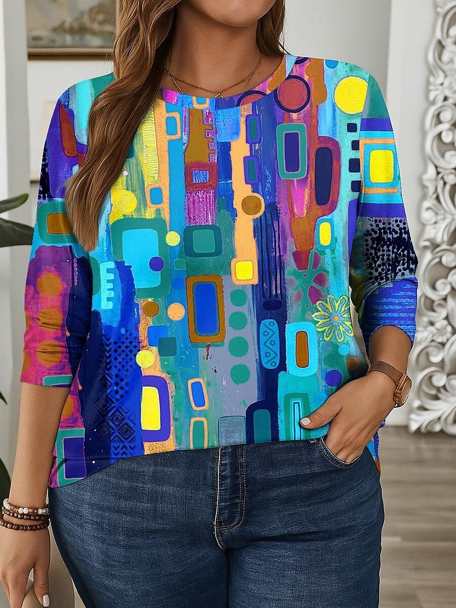 Γυναικεία Συν μέγεθος Άριστος Μπλουζάκι Γραφική Γεωμετρία Στάμπα Μακρυμάνικο Στρογγυλή Ψηλή Λαιμόκοψη Καθημερινό Καθημερινά Πολυεστέρας Φθινόπωρο Χειμώνας Θαλασσί Λευκό 2026 - $24.99 –P4