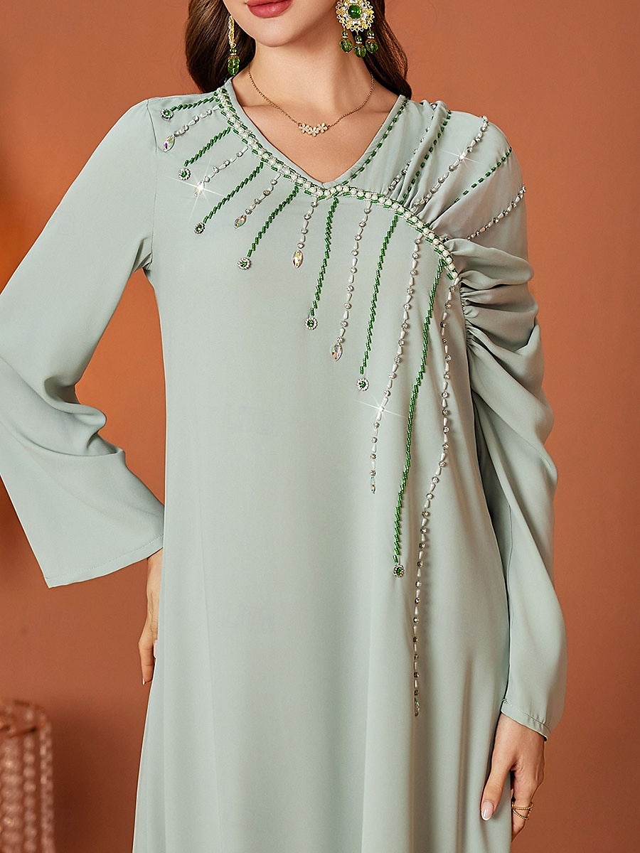 Ligne A Robe de Mère de Mariée  Élégant Col en V Longueur au sol Chiffon manche longue avec Cristaux 2025 de 2025 ? $119.99 –P6