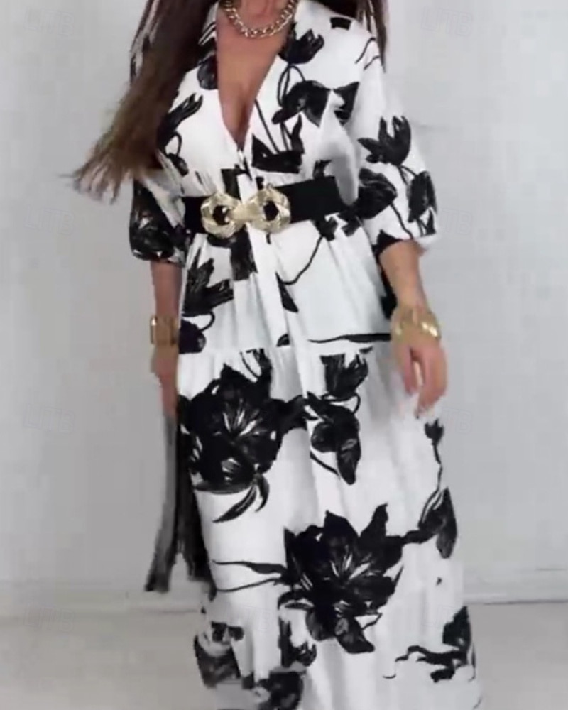 Dames Halflange jurk Jurk met print Modieus Modern Buiten Vakantie Feestdagen Normale pasvorm Bloem 3/4 mouw V-hals Zwart en Wit Herfst 2025 - $29.99 –P6