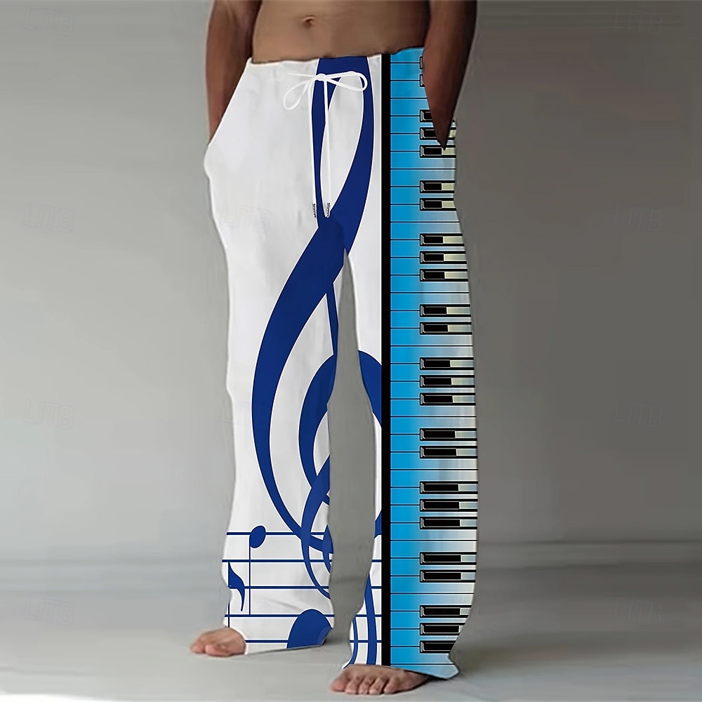 Herr Piano Musiknoter Långbyxor Säckiga byxor Casual byxor Medium Midja Vintage retro Semester Helgdag Elastisk dragsko i midjan Linneliknande byxor med fickor Sommar Vår 3D-tryck Svart Blå 2026 - $27.99 –P4