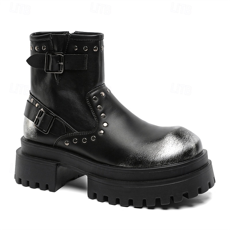 Bottines noires à boucle épaisse pour homme – Bottes de combat à plateforme punk rock pour la mode gothique et le streetwear d'automne de 2025 ? $94.99 –P6