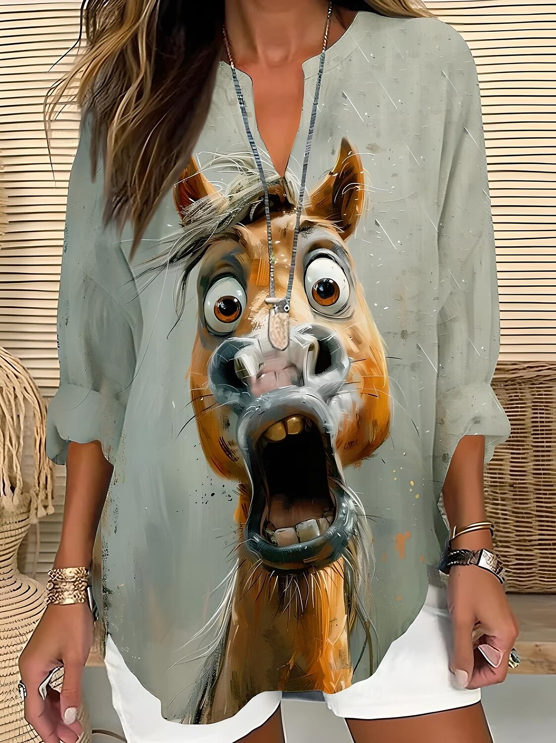 Femmes Hauts d'été Graphique Animal Damas ancien Tropical Hawaïen manche longue Col en V Hauts Réguliers Quotidien Fête Tenue de plage Imprimé Vert cendré Noir Gris Clair Été Printemps HORSE de 2025 ? $24.99 –P2