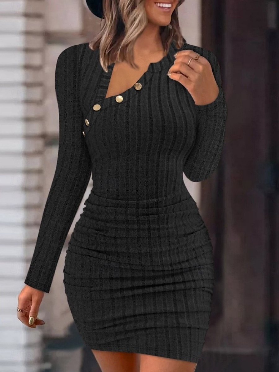 Women's Mini Dress Sheath Dress Casual Daily Regular Fit Plain Long Sleeve Notched Neck Black White Pink Wine Spring Fall Winter 2025 - $27.99 –P3