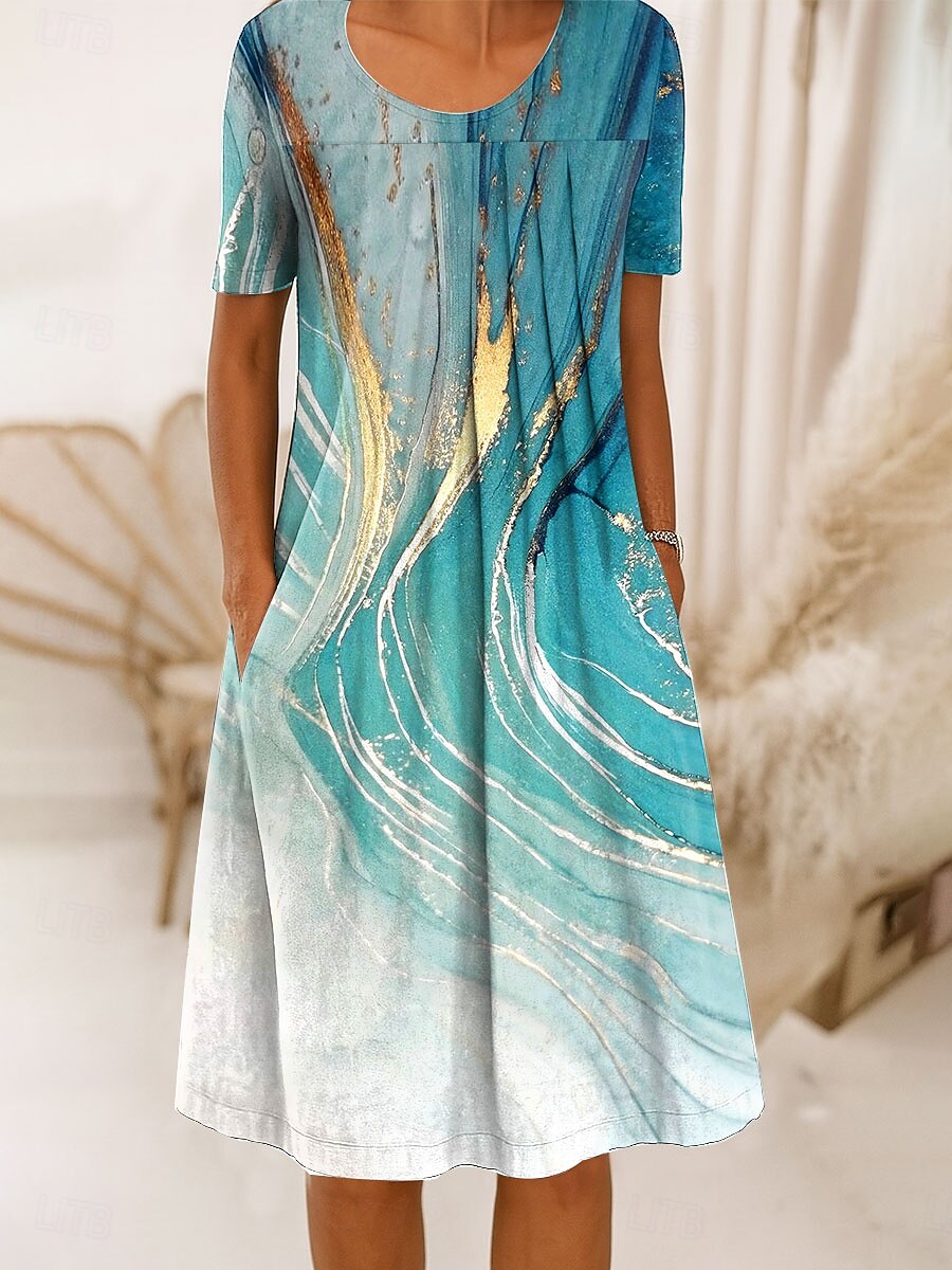 Damen Midikleid Shiftkleid A Linie Kleid Sommerkleid Elegant Urlaub Lässig Normale Passform Grafik Marmor Kurzarm Rundhalsausschnitt Rosa Blau Grün Sommer Frühling 2025 - $30.99 –P4