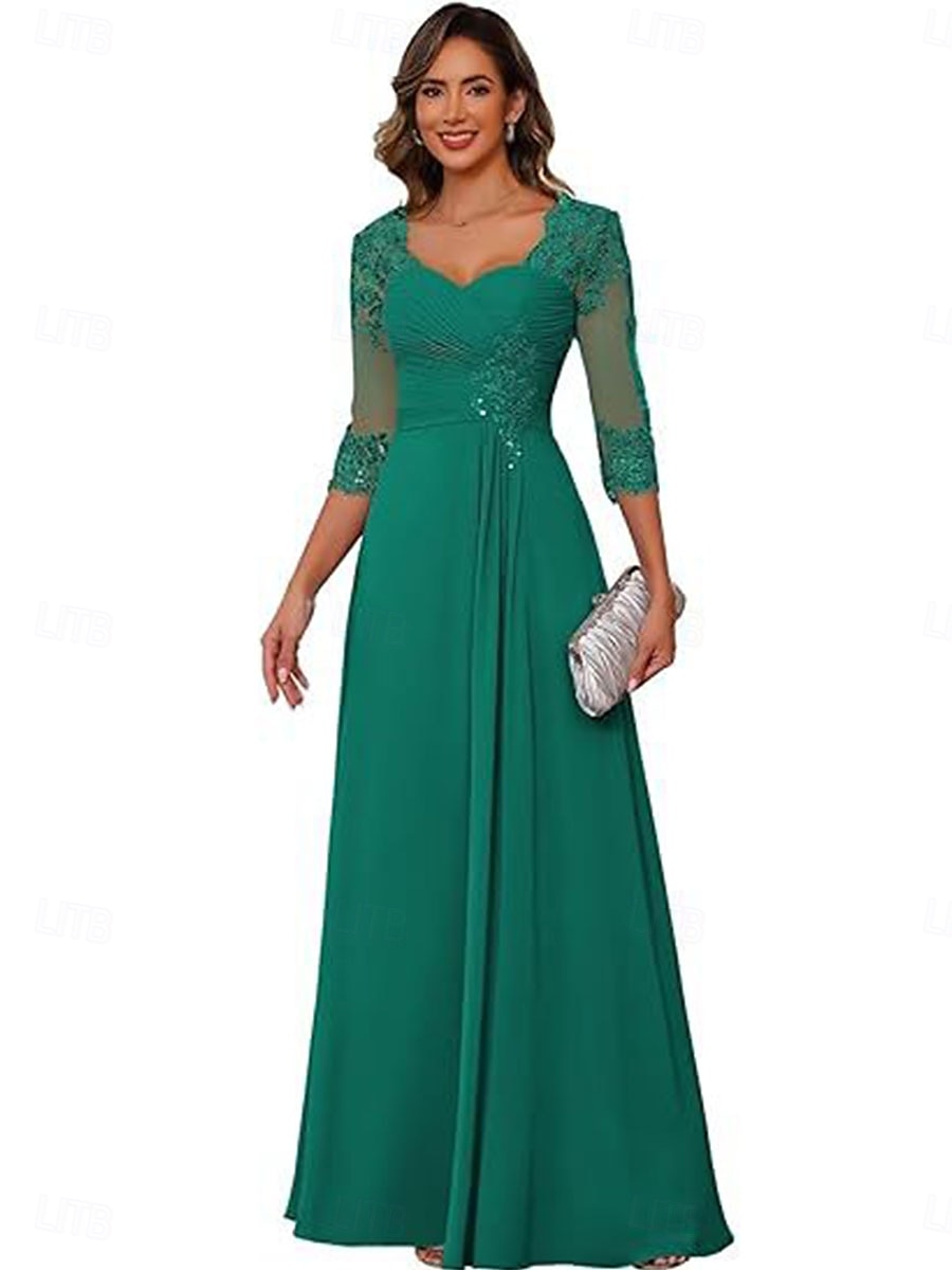 A-linje Kjole til brudens mor Elegant Enkel V-hals Gulvlengde Chiffon 3/4 ermer med Ensfarget 2025 2025 - $119.99 –P18
