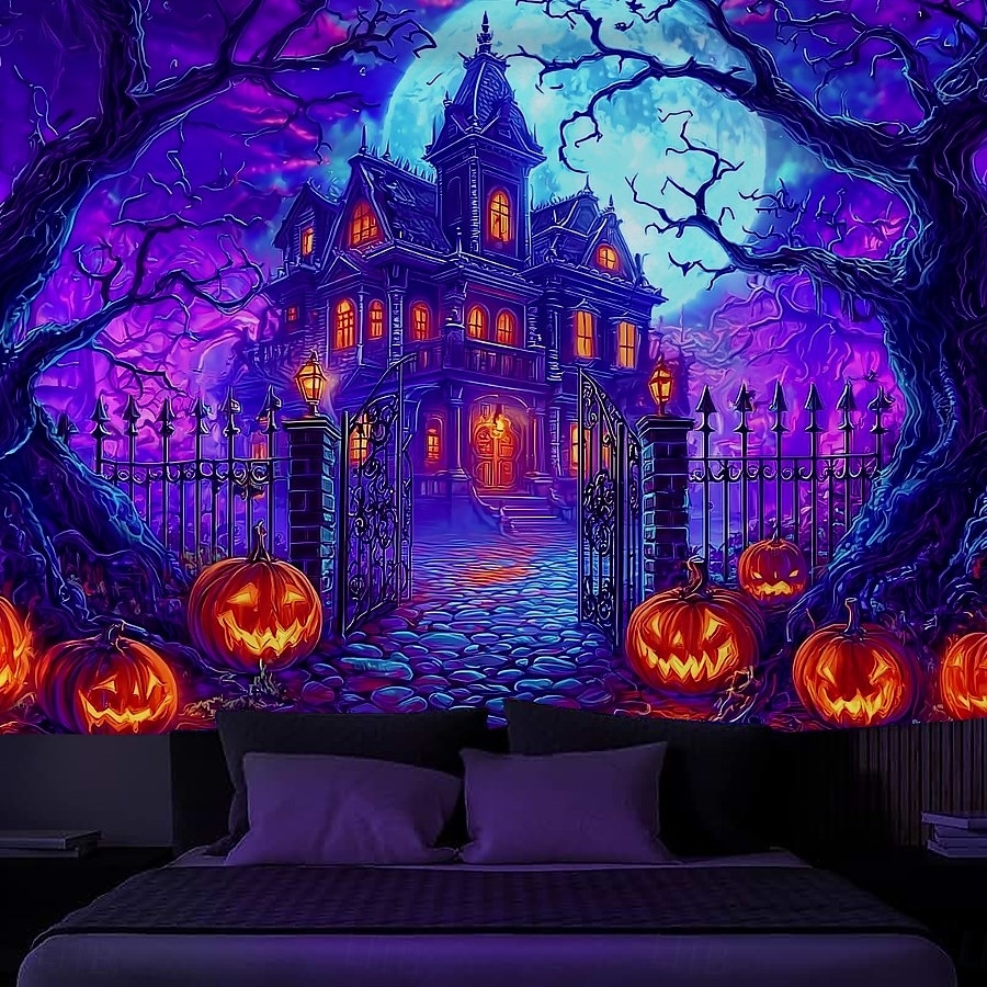 Halloween Blacklight Tapestry Skeleton Haunted House UV Reactive Glow in the Dark Forest Trippy Mountain Misty Graveyard Ghost Hanging Tapestry Wall Art Mural for Living Room Bedroom 2025 - $13.99 –P7