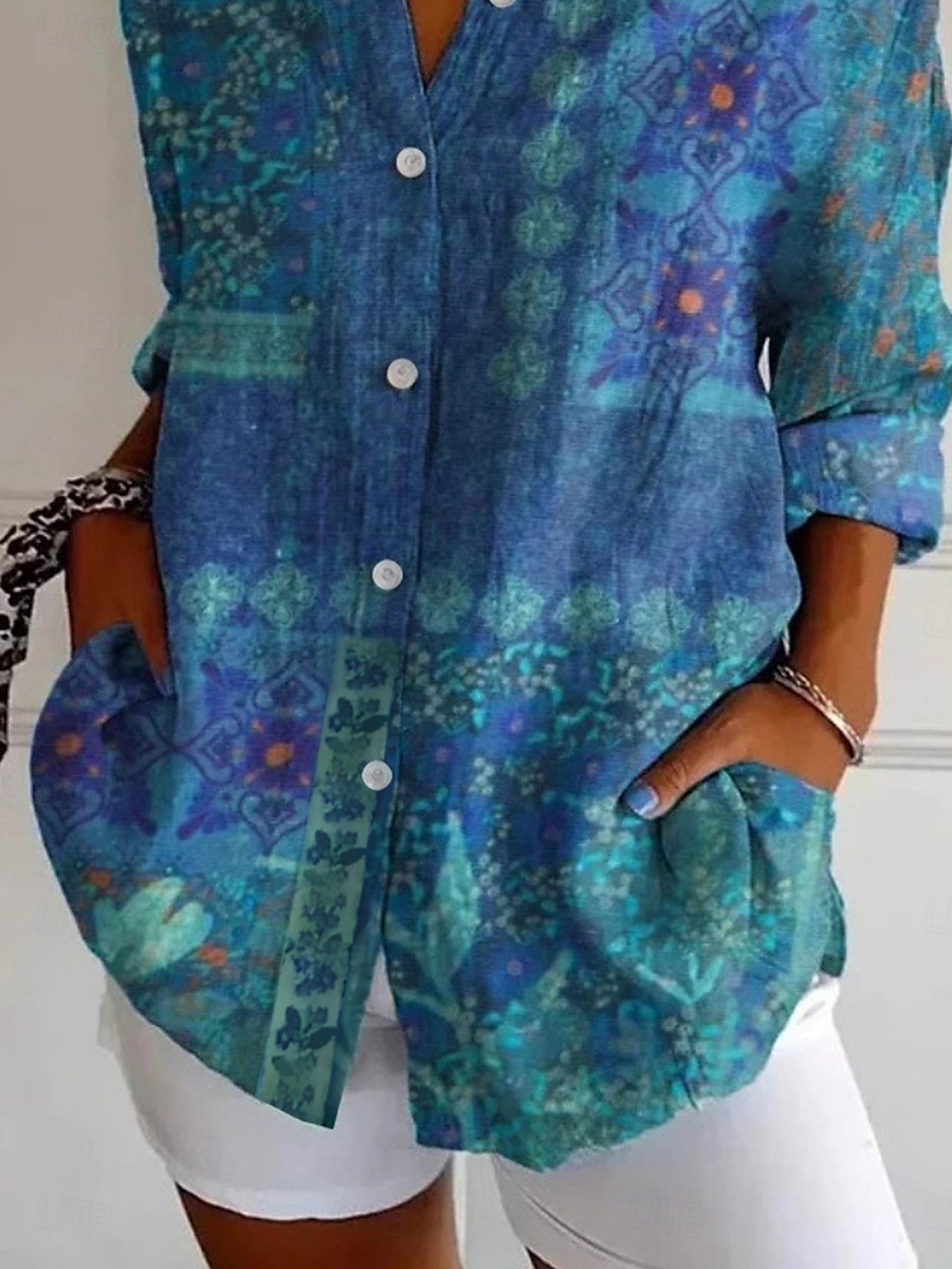 Femmes Chemise Boutons Imprimé Fleuri Graphique ancien Ethnique manche longue Col de chemise Hauts Réguliers Quotidien Fête Bleu Printemps Automne de 2026 ? $41.99 –P3