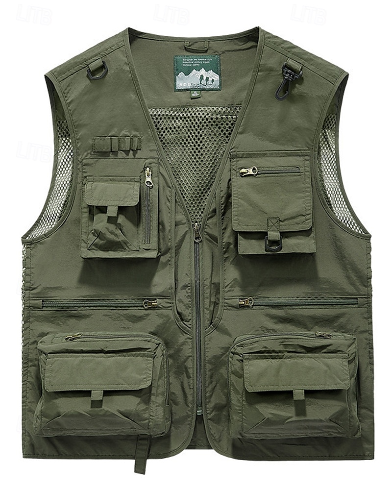 Homme Gilet de pêche Gilet multifonctionnel Sans manches Veste Extérieur Léger Respirant Fermeture éclair Polyester Noir Blanche Vert Véronèse Chasse Pêche Escalade de 2025 ? $20.79 –P8