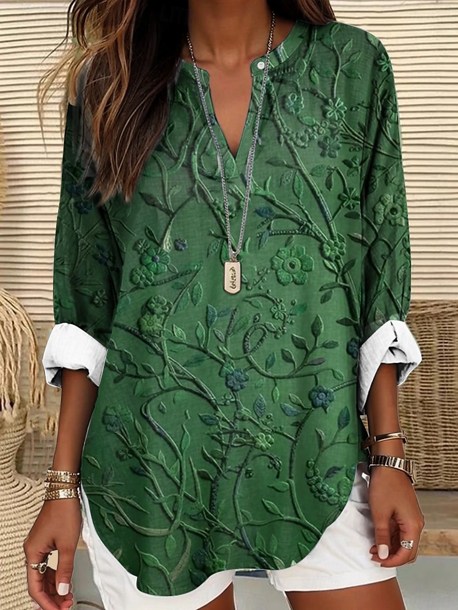 Damenbluse Langarm Tunika Oberteile Blumen Grafik Elegant Stilvoll V-Ausschnitt Regelmäßige Oberteile Täglicher Urlaub Print Rot Blau Lila Grün Grau Sommer Frühling Herbst 2025 - $24.99 –P2
