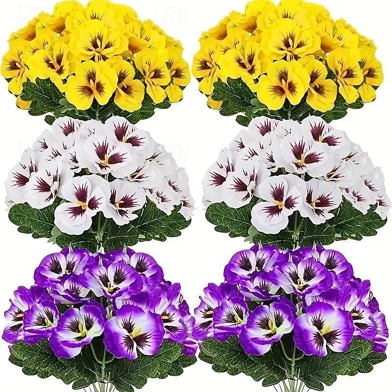 6 Bundles Artificial Pansy Flowers for Outdoor Indoor Use, Weather Resistant Fake Plastic Plants for Garden, Home Decor, White Purple Yellow 2025 - $20.99 –P1